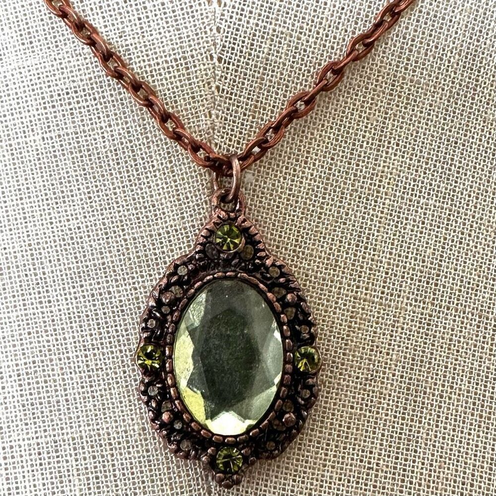 Vintage-Inspired Copper Tone Necklace with Green Glass rhinestone